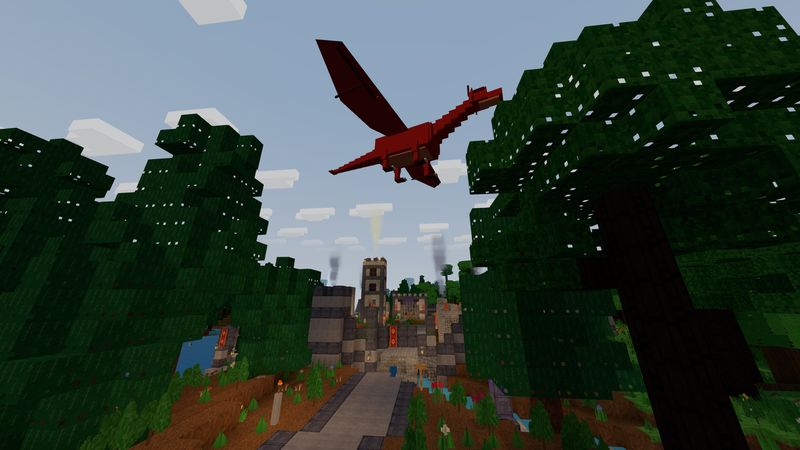 A red dragon above a road that leads to a town gate