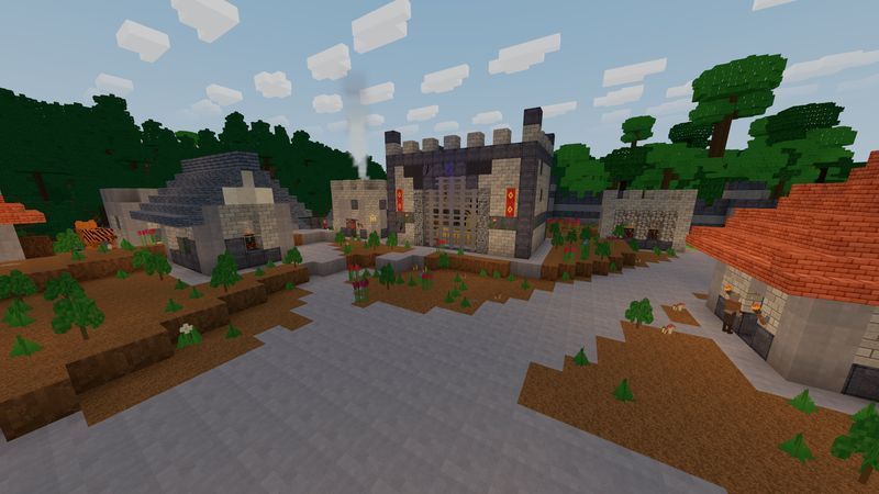 A paved town square with a stone keep and tiled roofs