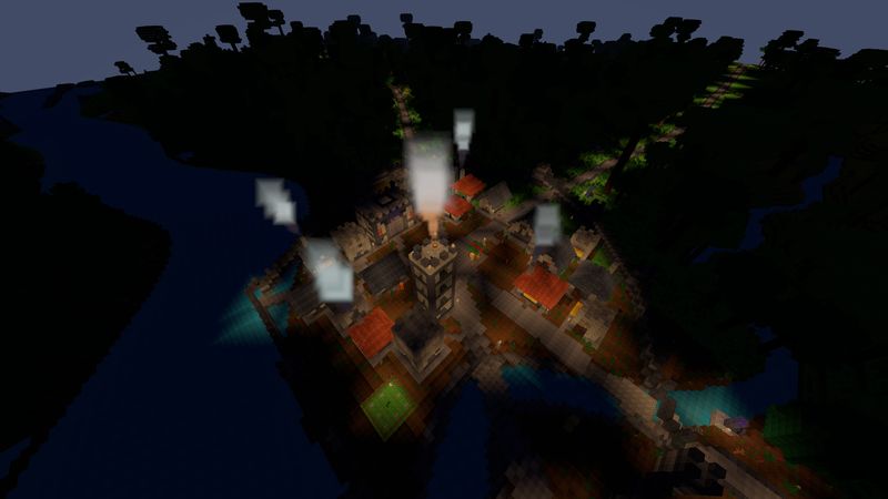 A walled town lit by lanterns at night beside a river